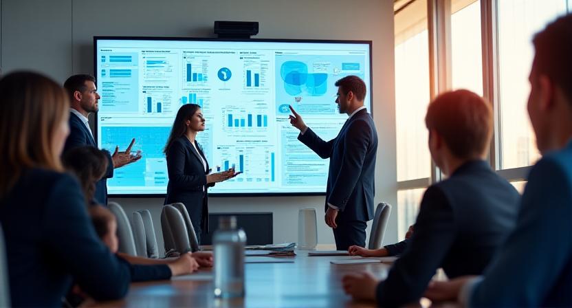 AI導入のプロセスを示すチャートとチームのディスカッション